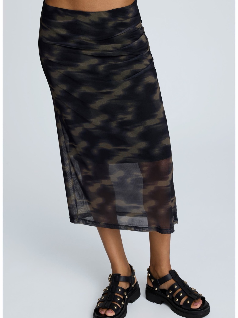 Kenneth Cole Black and Olive Sheer Camouflage Midi Skirt